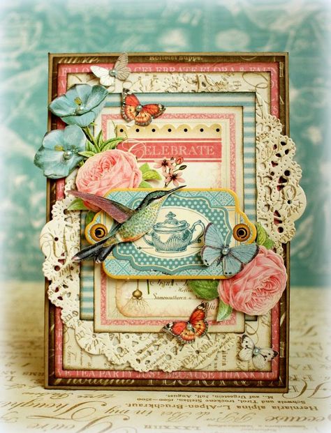 Celebrate card *Graphic 45* - Scrapbook.com Graphic45 Cards, G45 Cards, Botanical Tea, Shabby Chic Cards, Atc Cards, Beautiful Handmade Cards, Shabby Vintage, Graphic 45, Tea Collection