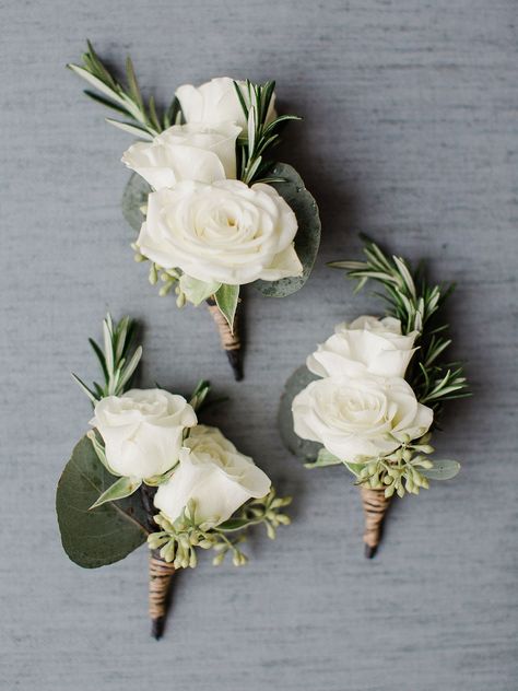 Briscoe Manor wedding, Houston wedding photographer, The Senterpiece florals, white boutonnieres, white rose and rosemary boutonnieres. White Rose And Olive Branch Boutonniere, Champagne Wedding Boutonniere, Green And White Wedding Boutonniere, Cream Rose Boutonniere, Small White Rose Boutonniere, Rosemary Wedding Bouquet, White Bouteniere, White Boutineer Wedding, Champagne Wedding Florals