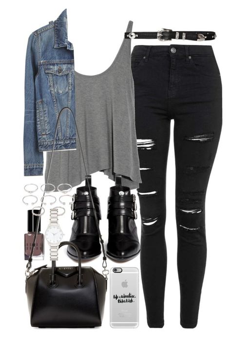 "Outfit with a denim jacket and ripped jeans" by ferned ❤ liked on Polyvore featuring Topshop, T By Alexander Wang, Proenza Schouler, Tabitha Simmons, Bobbi Brown Cosmetics, Givenchy, Casetify, Forever 21 and Forever New Ripped Jacket Outfit, Outfits With Black Jean Jacket, How To Style Jean Jacket, 90s Grunge Aesthetic, Ripped Jeggings, Black Jeans Outfit, Tabitha Simmons, Trendy Swimwear, Outfit Jeans