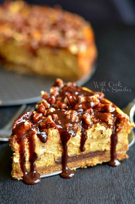 Pumpkin Chocolate Cheesecake 2 (c) willcookforsmiles.com #pumpkin #cheesecake #chocolate Pumpkin Chocolate Cheesecake, Chocolate Pumpkin Cheesecake, Dripping Chocolate, Will Cook For Smiles, Pumpkin Cheesecake Recipes, Chocolate Pumpkin, A Piece Of Cake, Piece Of Cake, Chocolate Sauce