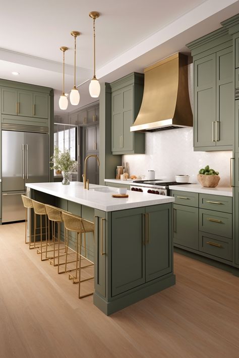 This color combination has always been a personal favorite. The way the soothing green🟢 cabinets, quartz⚪ countertops, and golden🟡 oak floors compliment each other is beyond satisfying! #DesignInspo #InteriorDesign #HomeDesign #DesignIdeas Green Gold Wood Interior, Green And Gold Kitchen Ideas, Green Quartz Countertops, Green Kitchen Island White Cabinets, Green Quartz Countertop, Green And Gold Kitchen, Golden Oak Floors, Nice Kitchens, Modern Classic Kitchen