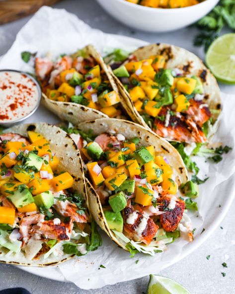 Chipotle Salmon Tacos, Best Mango Salsa, Chipotle Lime Crema, One Pot Mac, Kalefornia Kravings, Baked Cajun Chicken, Chipotle Salmon, Easy Fish Taco Recipe, Grilled Jerk Chicken