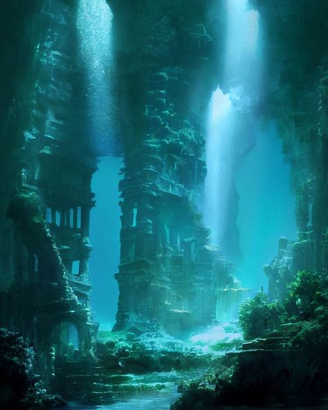 Atlantis Ruins, Underwater Ruins, Procreate Painting, Sea Map, Nathan Chen, Ruined City, Sea Underwater, Underwater City, Terra Nova