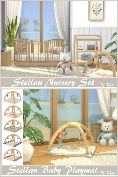 A set made of 8 recolours for a nursery in boho style. #ShowUsYourBuilds #thesims4 #Sims4 #sims4game #ts4house #ts4build #ts4builds #ts4mm #simsbuilds #ts4 #sims4boho #sims4housebuild #simsinterior #sims4house #sims4home #simsinspiration #simstagram #thesimsresourcedotcom #sims4build #simshousedesign #thesims4housebuild I hope you like it. Sims Cc Baby Furniture, Sims 4 Cc Nursery Furniture Maxis Match, Sims 4 Cc House Decor Aesthetic, Sims 4 Infant Build Cc, Sims 4 Cc Nursery Furniture Patreon Free, Sims 4 Infant Bedroom Cc, Sims 4 Nursery Room, Sims 4 Cc Functional Playground, Sims 4 Cc Nursery Furniture Functional