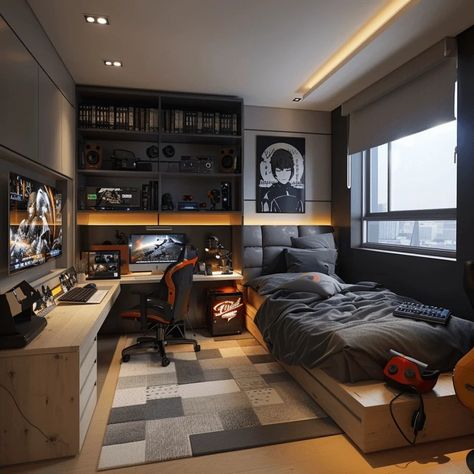 Game Room Library Ideas, Gaming Room And Office, Shared Gaming Room Setup, Ps5 Setup Bedroom, Boy Room Interior Design, Room Ideas With Desk, Teen Gaming Room, Interior Design Men, Game Room Wall Ideas