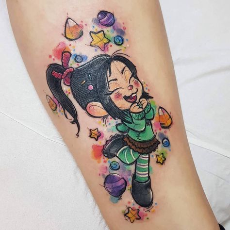 Cute Color Tattoos For Women, Vanellope Von Schweetz Tattoo, Marie Tattoo, Vanellope Y Ralph, Birthday Tattoo, Movie Tattoos, Tatuaje A Color, Cartoon Tattoos, Aesthetic Tattoo