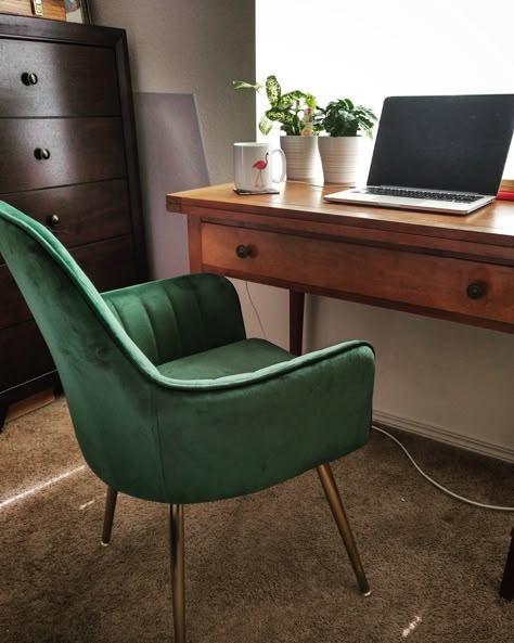 Emerald velvet chair with antique wooden desk Emerald Desk Chair, Emerald Green Vanity Chair, Green Velvet Desk Chair, Green Velvet Chair Office, Dark Green Desk Chair, Desk With Accent Chair, Green Velvet Office Chair, Desk Chair Aesthetic Comfy, Comfy Chairs For Desk