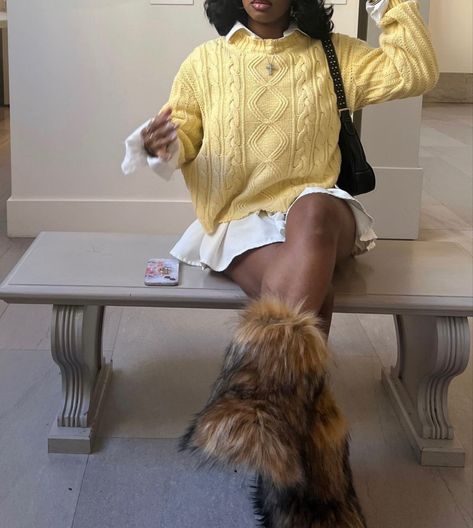 Fits With Fur Boots, Brown Fur Boots Outfit Black Women, Fur Boots Outfit Ideas, Cardigan And Skirt Outfit Black Women, Fur Boots Aesthetic, Brown Fur Boots Outfit, Knit Sweaters Outfit, Fur Boots Outfit Black Women, Fur Skirt Outfit