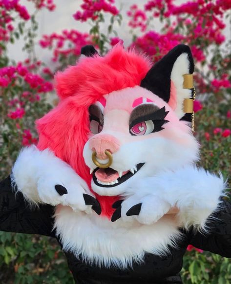 Pink Fursuit, Fursona Art, Fursuit Head, Animal Masks, Scary Art, Cute Costumes, Anime Poses, Character Design