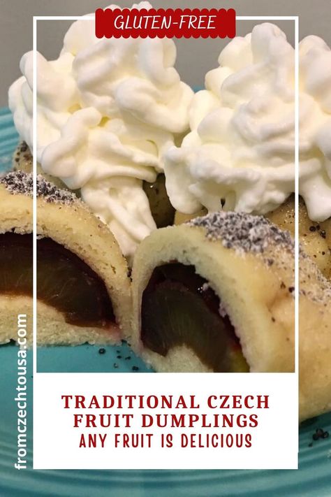 One of the best Czech national dishes! Czech people love their Sweet Fruit Dumplings! (in my case Glute-Free)Whether they are strawberry, apricot, blueberry, or blackberry, you can never go wrong. Fruit dumplings are among the most popular summer dishes and the perfect sweet treat. #dessert #dinner #dumplings #glutenfree #summer Gf Dumplings, Dinner Dumplings, Fruit Dumplings, Czech Food, Family Baking, Fruit Dessert Recipes, Seasonal Fruit, Dumplings Recipe, Czech Recipes