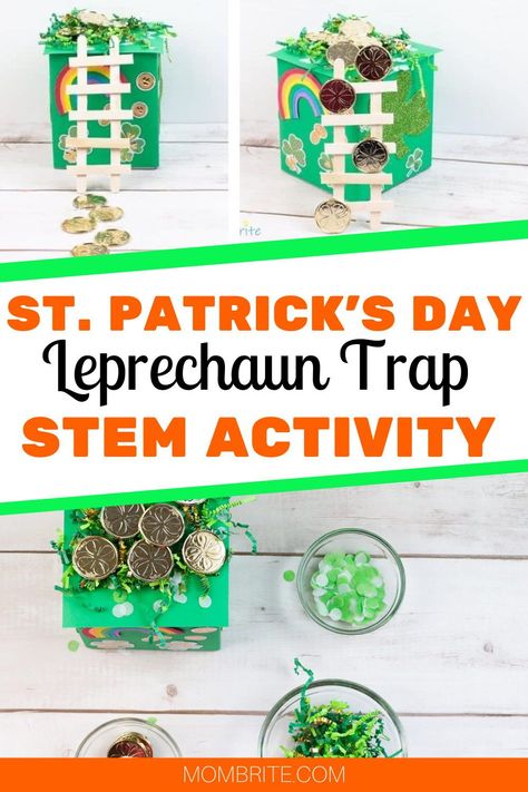 Tissue Box Leprechaun Trap, Leprechaun Trap Tissue Box For Kids, Leprechaun Trap For Kids, Elementary Science Experiments, Chocolate Gold Coins, Shamrock Template, St Patricks Crafts, Preschool Stem, Leprechaun Trap