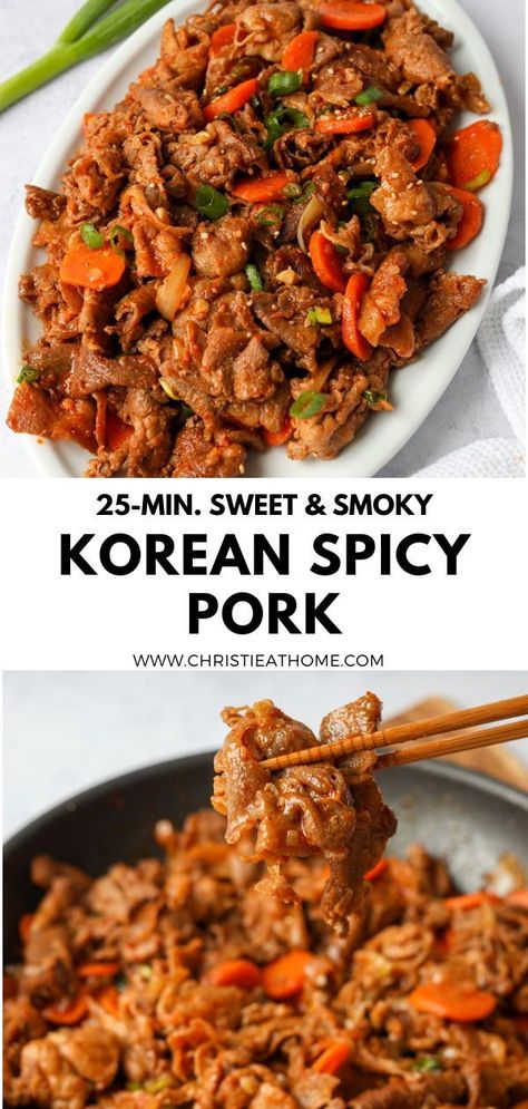 Jeyuk Bokkeum (Korean Spicy Pork). Tender pork stir-fried in a spicy, sweet and savoury gochujang sauce with onions, carrots, and garlic. Ready in 25 minutes! A popular Korean BBQ dish served at many restaurants for it's smoky and tasty flavours. The best part about my recipe is no grill is needed #korean bbq pork #korean spicy pork bulgogi #korean spicy pork recipe #easy korean recipes #korean pork recipes #korean dishes recipes Korean Pork Recipes, Jeyuk Bokkeum, Spicy Pork Bulgogi, Pork Bulgogi Recipe, Korean Spicy Pork, Korean Bbq Pork, Pork Bulgogi, Recipes Korean, Easy Korean Recipes