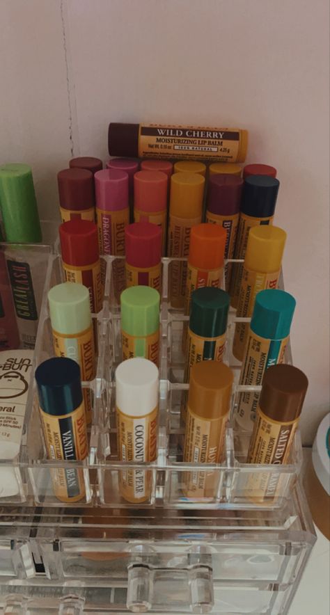 Chapstick Collection Storage, Burts Bees Chapstick Aesthetic, Chapstick Organization, Chapstick Collection Aesthetic, Lip Balm Collection Aesthetic, Burts Bees Aesthetic, Aesthetic Chapstick, Chapstick Aesthetic, Bert's Bees