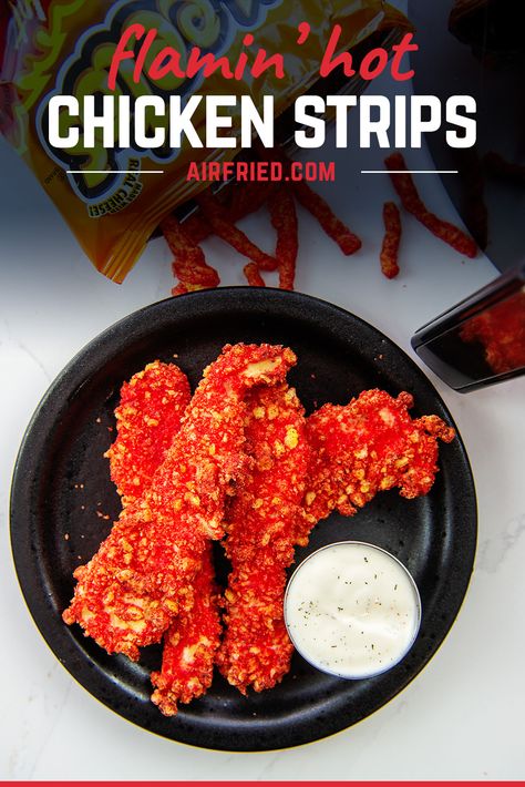 They look spicy, and they taste spicy! These chicken strips are covered in hot cheetos and then cooked easily in the air fryer! #airfried #chickentenders #Flaminhotcheetos Cheeto Chicken, Hot Cheetos Chicken, Cheetos Chicken, Cheetos Recipe, Friday Meals, Chicken Strip, Chicken Strip Recipes, Chicken Breast Tenderloins, Dorito Chicken