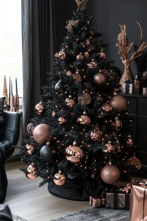 Simple Christmas Tree Decorations, Christmas Tree Roses, Orange Christmas Tree, Black Christmas Tree Decorations, Black Christmas Decorations, Rose Gold Christmas Tree, Rose Gold Christmas Decorations, Black Christmas Tree, Christmas Tree Inspo