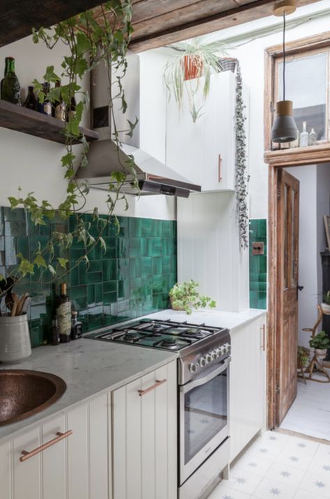 Green Backsplash, Mad About The House, Herringbone Backsplash, London Kitchen, Eclectic Kitchen, Green Tile, Tiny Kitchen, White Kitchen Cabinets, Green Kitchen