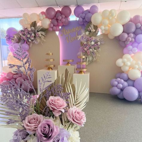 Arianna Nicole baptism and 1st birthday celebration Lavender boho theme Thanks to mommy @sofiaacosmetics for choosing us once… | Instagram Lavender Baby Shower Theme, Lavender Balloons, Baptism Themes, 1st Birthday Celebration, Lavender Baby Showers, Purple Birthday Party, First Communion Decorations, Boho Birthday Party, 50th Birthday Party Decorations