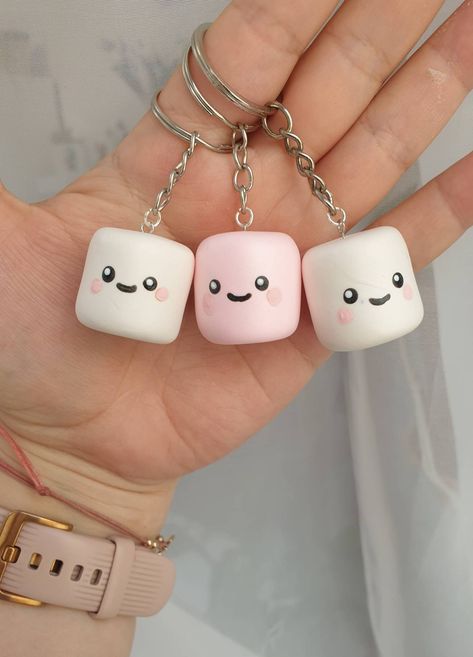 "*NOTE* In case you order more than one item, I will be placing them in the same box as long as they fit. Please message me in the \"note to seller\" box if you need them boxed individually for gifts. Kawaii Marshmallow Key-rings **This is a listing for one key-chain only.** I have used polymer clay to create this cute marshmallow charms. Each might vary slightly but the cuteness is the same. Custom colors available if requested. - packaged with care, ready to gift - comes with free random stick Clay Key Chains Ideas, Air Dry Clay Charms Tutorials, Clay Keyring Ideas, Clay Items To Make, White Clay Ideas, White Clay Crafts, Simple Clay Crafts, Clay Charms Ideas, Small Things To Make Out Of Clay