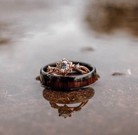 Wedding Photo - Details. Weddings rings. The Cowboy Ring - Koa Wood & Tungsten Men's Wedding Band for him and rosegold flower daimond ring for her. Mexican/Western/Fiesta Themed Wedding. Cowboy Wedding Rings, Western Wedding Bands, Cowboy Ring, Mexican Western, Groom Wedding Band, Wedding Band For Him, Weddings Rings, Flower Wedding Ring, Fiesta Wedding