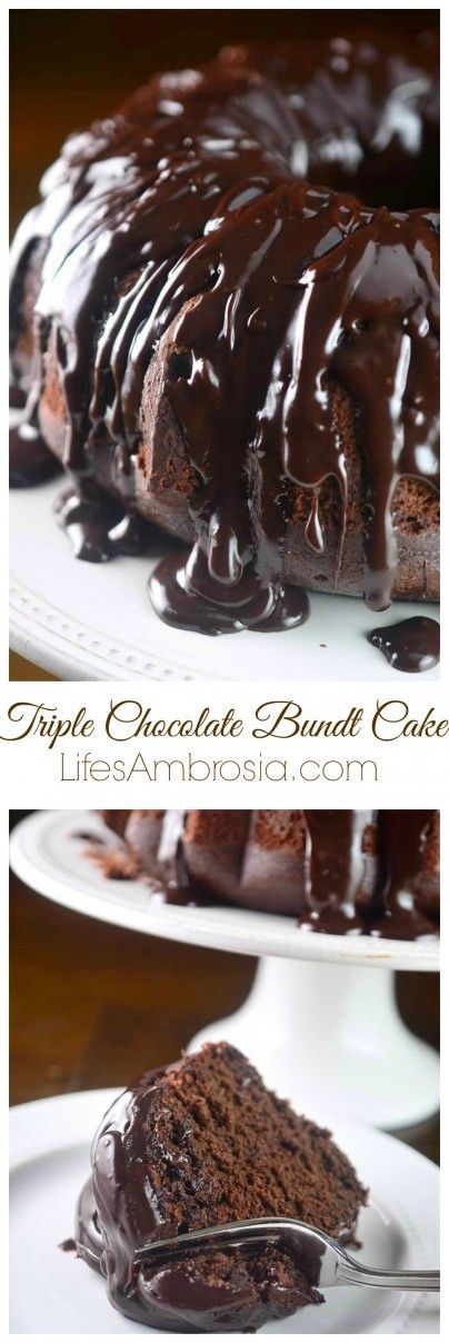 Chocolate cake studded with chocolate chips and drizzled with chocolate ganache. This Triple Chocolate Bundt cake is decadent, rich and luscious. Triple Chocolate Bundt Cake Recipe, Triple Chocolate Bundt Cake, Chocolate Ganache Glaze, Chocolate Chip Bundt Cake, Mouthwatering Desserts, Chocolate Bundt, Dessert Cakes, Chocolate Bundt Cake, Gateaux Cake