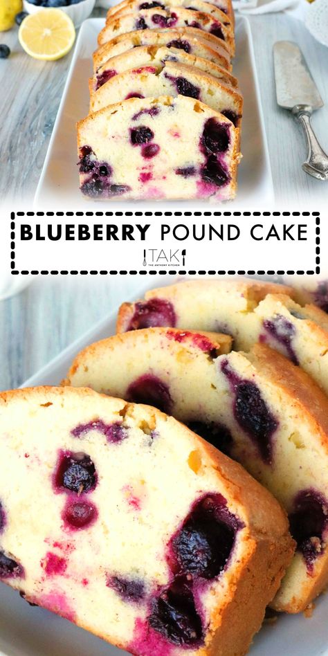 An easy Lemon Blueberry Pound Cake recipe made simple in a loaf pan that boasts a cheery combination of sweet and tart, buttery and bright. It's dense with a fine-textured crumb, and studded with blueberries. It’s a great breakfast cake for parties, brunches, or a tea time snack! Ricotta Pound Cake, Lemon Blueberry Pound Cake, Blueberry Pound Cake, Lemon Pound Cake Recipe, Easy Dessert Recipes Quick, Blueberry Lemon Cake, Lemon Pound Cake, Dessert Cake Recipes, Blueberry Cake