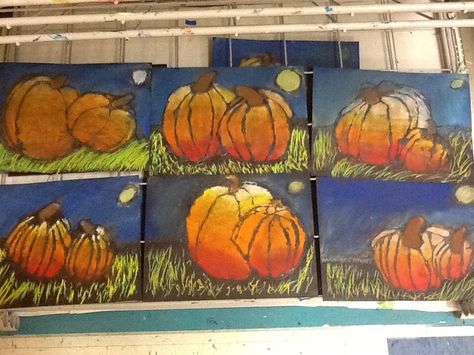 WOW! My second grade artists are so talented! We have been working on a fall pumpkin picture. Last week the students followed along with me as we drew two, overlapping pumpkins in the grass. They... Third Grade Art, Halloween Art Projects, October Art, 4 Grade, 2nd Grade Art, Fall Art Projects, 5th Class, 4th Grade Art, 5th Grade Art