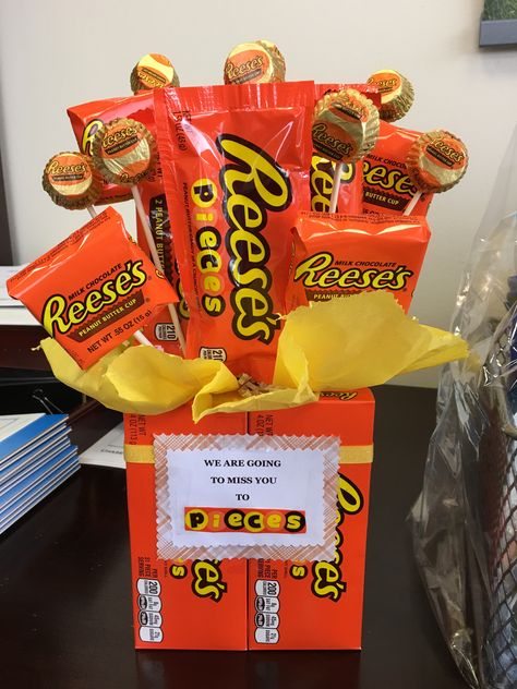 Boss's going away gift                                                                                                                                                     More Gift For Coworker Leaving, Retirement Party Ideas, Goodbye Gifts For Coworkers, Reeses Candy, Baskets Ideas, Retirement Party Gifts, Retirement Party Decorations, Will Miss You, Farewell Parties