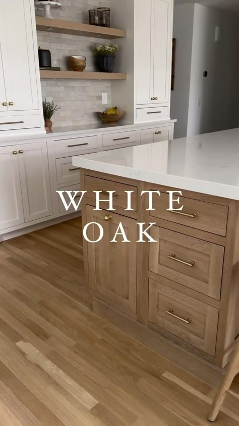 Braido Targa | Here’s all the other drool-worthy details: * ��Faucet Finish: champagne bronze * ��Fridge: 72” wide * ��Island Length: 14’ * ��Splash:… | Instagram White Oak Backsplash Kitchen, Kitchen Cabinets Island Different Color, White Vs Wood Kitchen Cabinets, Tan Island White Cabinets, White Kitchen Walnut Floors, Blonde Flooring Kitchen, White Oak With Gold Hardware, Wall Of Cabinets With Fridge, Off White And Wood Kitchen