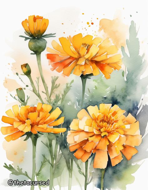 Watercolor Marigolds, Marigold Watercolor, Watercolor Marigold, Flower Hd, Watercolour Flower, Acrylic Painting Flowers, Watercolor Flower Art, Watercolor Art Lessons, Watercolor Flowers Paintings