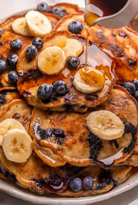 Best Ever Banana Blueberry Pancakes - Baker by Nature Blueberry Pancakes Aesthetic, Pancake Aesthetic, Banana Blueberry Pancakes, Homemade Brunch, Recipes Using Bananas, Blueberry Pancakes Recipe, Berry Pancakes, Chocolate Banana Cake, Banana Blueberry Muffins