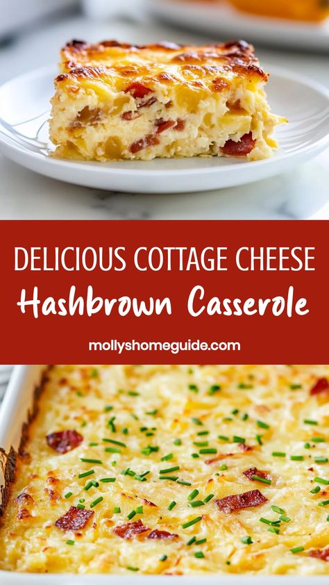 Looking for a delicious and comforting dish to make for brunch or dinner? Try this mouthwatering cottage cheese hashbrown casserole recipe! This easy-to-make casserole is filled with creamy cottage cheese, crispy hashbrowns, and savory seasonings that will leave your taste buds craving for more. Whether you're hosting a gathering or simply want to treat yourself to a tasty meal, this recipe is sure to be a hit with your family and friends.  Ingredients 1 pound bacon, chopped 1 diced onion 8 eggs Meal With Hashbrowns, Breakfast Recipes With Hashbrowns, Eggs And Cottage Cheese Casserole, High Protein Hashbrown Casserole, Amish Breakfast Casserole Cottage Cheese, Recipes With Hashbrowns Dinners, Cottage Cheese Baked Potato, Cottage Cheese Baked Eggs, Breakfast Ideas Cottage Cheese