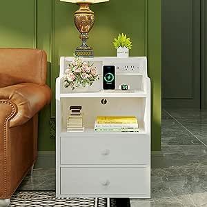 LIKIMIO White Nightstand with Charging Station 2 Drawers and Storage Shelves, Left and Right Interchangeable Sockets Bed Side Table Night Stand with Drawer Design Marocain, Plug Sockets, Curved Table, Nightstand With Charging Station, Morocco Design, Bed Side Table, Modern Bedside, Modern Bedside Table, Corner Design