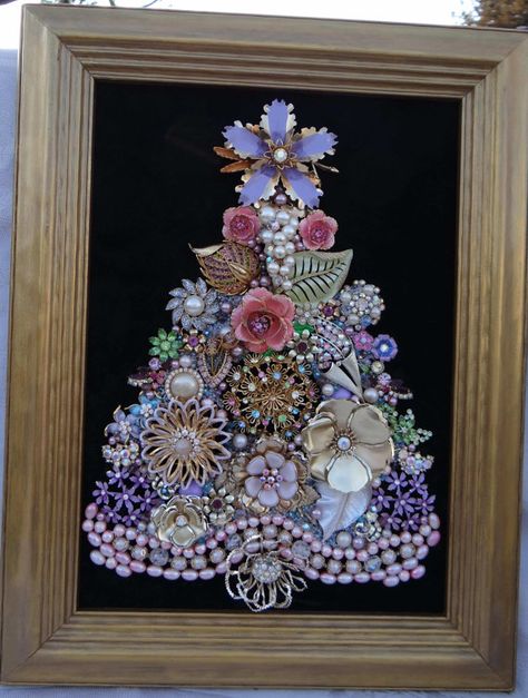 Large Framed JEWELRY CHRISTMAS TREE Gorgeous by MelliesWhimsies Repuposed Vintage Jewelry, Christmas Tree Ornaments From Old Jewelry, Costume Jewelry Christmas Tree With Lights, Glue For Jewelry Art, Vintage Jewlry Xmas Trees, Vintage Jewelry Crafts Not On The High Street, Button Christmas Tree Canvas Wall Art, Antique Costume Jewelry Crafts, Button Art Santa