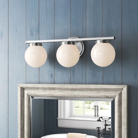 Birch Lane™ Finian 3 - Light Dimmable Vanity Light & Reviews | Wayfair Brass Vanity Light, Vanity Lights, Wayfair Furniture, Evening Routine, Birch Lane, Bathroom Vanity Lighting, Vanity Light, Glass Globe, Mid Century Design