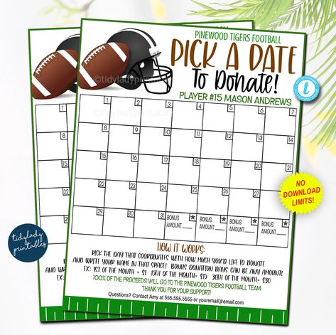 PRINTABLE FOOTBALL PICK A DATE TO DONATE TEMPLATE  *ALL TEXT IS EDITABLE SO YOU CAN CREATE THIS TO SAY WHATEVER YOU WISH - TO CUSTOMIZE FOR YOUR SCHOOL OR ORGANIZATION! Print out as many as you need for each player!  *Designed for Printing 8.5x11"  Full Editing Options With Templett.com TRY BEFORE YOU BUY! Copy and paste the demo link below: https://templett.com/design/demo/TidyLady19/16069890 Designed for Printing 8.5X11" *This is a DIY self-editing digital, printable product - I do not edit th Football Squares Fundraiser, Wolves Football, Football Fundraiser, Senior Football, Football Picks, Invitation Text, Team Mom, Calendar Printable, Sports Football