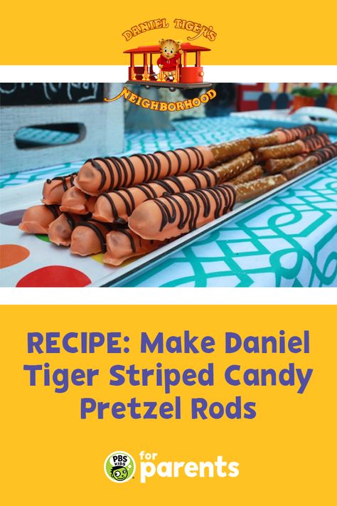 Long pretzel sticks covered in orange candy melts and stripes of chocolate to look like Daniel Tiger's tiger stripes Tiger Snacks, Daniel Tiger Party, Daniel Tiger Birthday Party, Tiger Party, Dipped Pretzel Rods, Tiger Birthday Party, Pretzel Treats, Tiger Kids, Daniel Tiger's Neighborhood