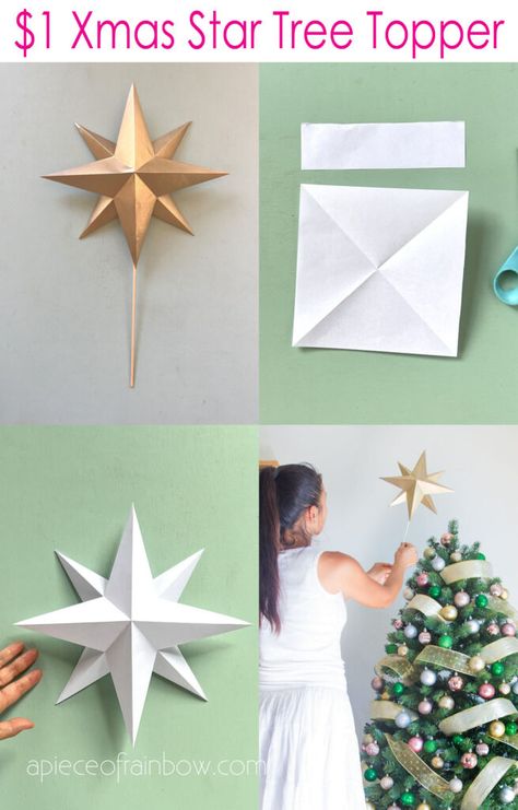 How to make $1 beautiful paper Christmas star tree topper. Easy DIY decoration tutorial & crafts idea for modern, boho, farmhouse home decor. - A Piece of Rainbow, Christmas tree ideas, holiday crafts for kids, Scandinavian, vintage, budget decor, Anthropologie style Paper Tree Topper Diy, Diy Paper Star Tree Topper, Paper Christmas Tree Topper, Mini Tree Topper Diy, Christmas Tree Star Diy, Homemade Christmas Tree Topper, Diy Christmas Star Topper, Diy Christmas Tree Star Topper, Diy Christmas Topper