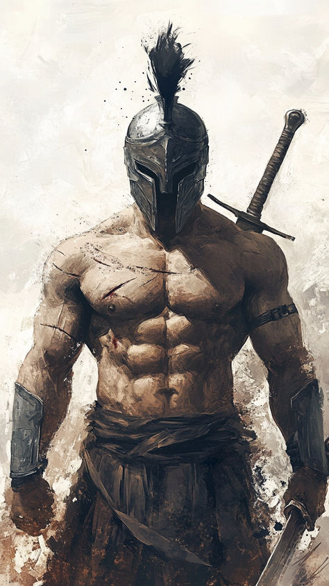 Modern Warrior Aesthetic, Spartan Drawing, Islamic Pictures Boy, Warrior Painting, Gladiator Movie, Warrior Paint, Greek Men, Medieval Artwork, Warrior Concept Art