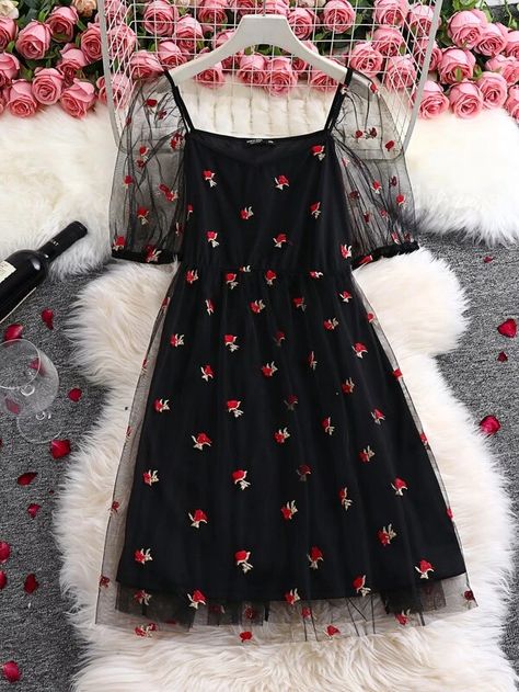 Black Frock, Short Frock, Frock Fashion, Summer Plus Size, Color Shorts, Floral Dress Black, Birthday Dresses, Mesh Dress, Black Casual