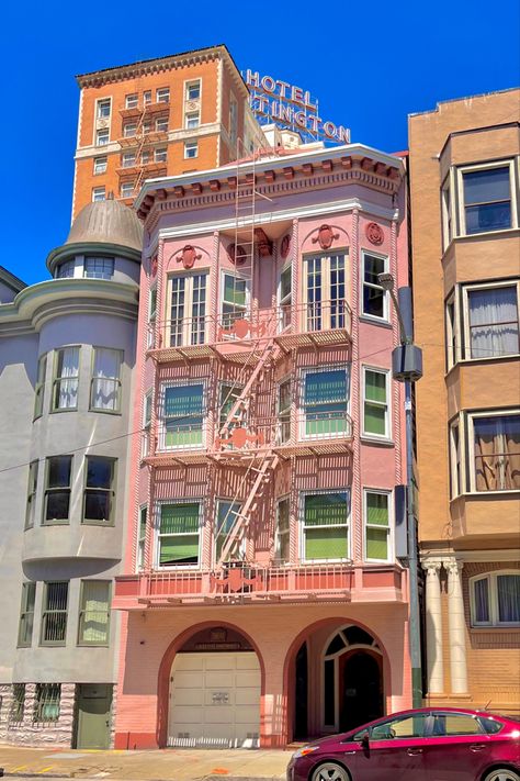 #pink #architecture #sanfrancisco #buildinh #home #aesthetic Bg Reference, Pink Architecture, San Francisco Architecture, San Francisco Pictures, California Apartment, San Francisco Apartment, Pretty City, Apartments Exterior, Camera Dump