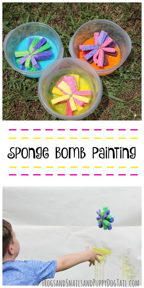 Sponge Bomb Painting for kids. Fun sensory art activity idea for kids. Messy Day Activities For Kids, Sensory Art For Kids, Kids Sensory Play, Drawing Videos For Kids, Kids Painting Crafts, Messy Crafts, Sensory Art, Messy Art, Art Projects For Kids