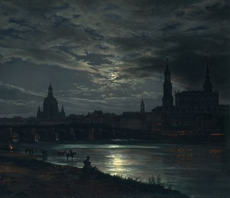 Johan Christian Dahl (Norwegian, 1788-1857) "View of Dresden by Moonlight" 1839 Johan Christian Dahl, العصور الوسطى, Moonlight Painting, Arte Van Gogh, Aesthetic Painting, 판타지 아트, Ethereal Art, Classical Art, Mini Canvas Art