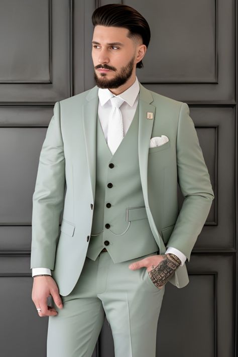 Men's Green Three-Piece  Suit | Wedding Suit | 3-Piece Suit For Men 3 Piece Blazer For Men, Best 3 Piece Suits For Men Wedding, Coat For Wedding For Men, Man 3 Piece Suit, Formal Dress Men Wedding, Men Wedding Coat Pant, Wedding Coat Suit For Men, 3 Pc Suit For Men, Pista Colour Coat Pant For Men