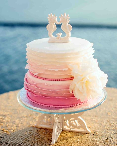 34 Small Wedding Cakes With a Big Presence | Martha Stewart Weddings Wedding Cake For Beach Wedding, Beach Wedding Cakes, Wedding Cakes Maroon, Ombré Cake, Pink Ombre Cake, Beach Theme Wedding Cakes, Wedding Picnic, Ganache Filling, Wedding Cake Ombre