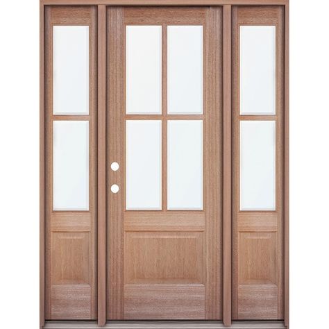 63-1/4 in x 81-1/2 in 4-lite mahogany wood door unit with sidelites. 36 in x 79 in door with 12 in x 79 in sidelites. Pre-hung in 4-9/16 in mahogany jambs, with weatherstripping and thermal break sill and brickmould. Unfinished mahogany door, sidelites, jambs and brickmoud - ready to paint or stain to match your home. Engineered stiles and rails prevent warping and splitting to extend the life of your door. Insulated clear-beveled Low-E glass lets the beauty of the outdoors in, while being energ Single Front Door With Sidelights, Front Door Sidelights, Craftsman Front Door, Exterior Doors With Sidelights, Front Door With Sidelights, Single Front Door, Cheap Interior Doors, Door With Sidelights, Door Sidelights