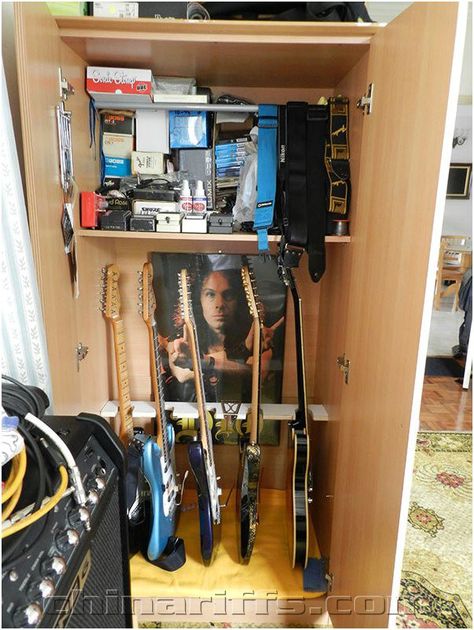 a diy guitar storage cabinet Instrument Storage Ideas, Gear Storage Ideas, Guitar Storage Cabinet, Instrument Storage, Kallax Shelving, Guitar Storage, Guitar Display, Home Music Rooms, Guitar Rack