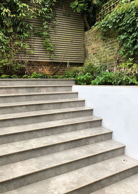 Porcelain Steps - Increasing Options Of Garden Design - London Stone Blog Porcelain Front Door Step, Wide Garden Steps, Porcelain Steps Garden, Porcelain Steps, Scandi Garden, London Stone, Brick Border, Garden Design London, Patio Stairs