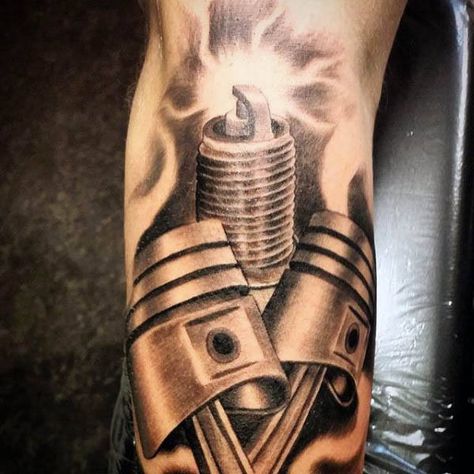 Piston And Spark Plug Tattoos For Men Spark Plug Tattoo, Plug Tattoo, Piston Tattoo, Tattoo Ideas For Guys, Engine Tattoo, Harley Tattoos, Motor Tattoo, Mechanic Tattoo, Family Tattoo Designs