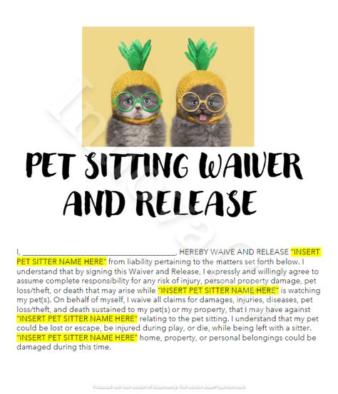 Pet Sitting Waiver Form, Pet Sitting Release Form, Dog Boarding Forms, Pet Sitting Welcome Packet, Pet Sitting Form Templates.This form is the perfect form to help pet owners or caretakers!This is a customizable, editable template in Microsoft word pre-formatted to print at 8 1/2 x 11 size. Purchase includes the Word Document file for your use. This file contains the following sub-sections: - Liability Waiver Clause- Acknowledgement of pet owner that any damages to personal property (pet ... Dog Boarding Forms, How To Start A Pet Sitting Business, Pet Sitting Flyer, Pet Sitter Instructions, Pet Sitting Forms, Dog Sitting Business, Dog Daycare Business, Animal Sitting, Puppy Things