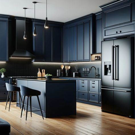 navy blue kitchen cabinets with black stainless steel appliances Navy Cabinets Black Appliances, Blue Kitchen Cabinets Black Appliances, Navy Blue Modern Kitchen, Dark Blue Cabinets Kitchen, Navy Kitchen Cabinets, Orange Cabinets, Teal Cabinets, Navy Blue Kitchen Cabinets, Black Stainless Steel Appliances